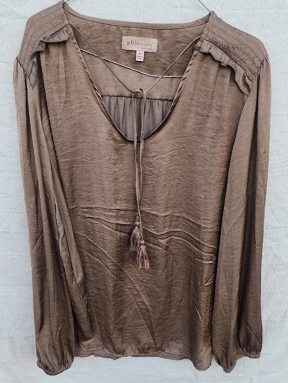 Philosophy Silk Taupe Tie-Front Long-Sleeve Blouse